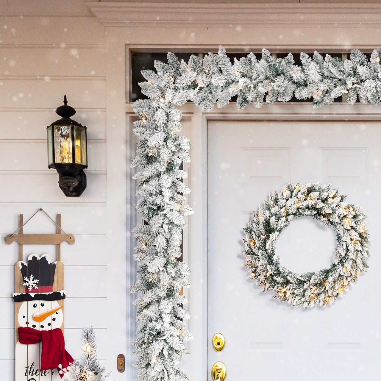 36"D Oversized Pre-Lit Snow Flocked Christmas Wreath and Matched 2pk 9ft Garland Set with Timer